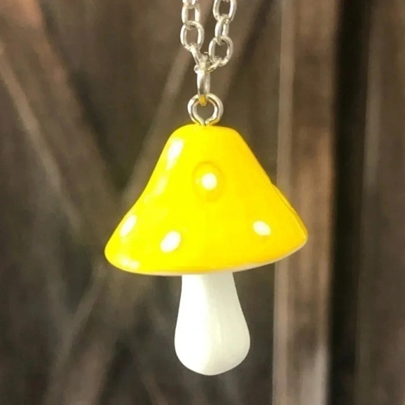 Yellow & White Big Psychedelic Cartoon Mushroom Drop Necklace - Picture 1 of 3